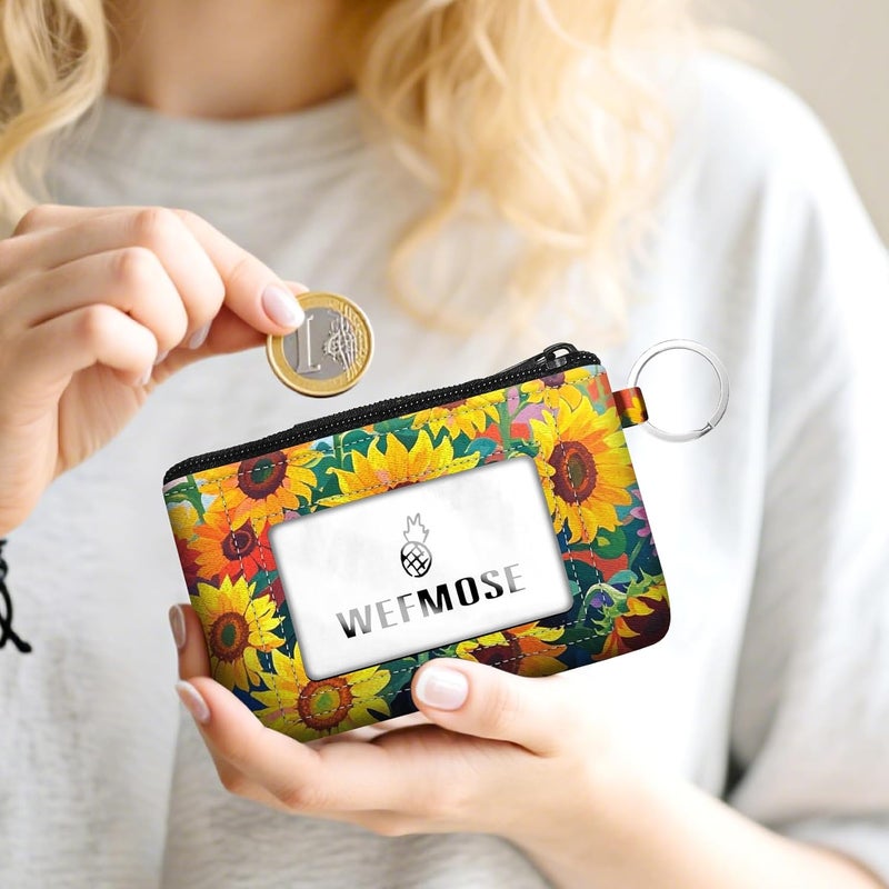 WEFMOSE Small Wallet Keychain with Clear ID Window Zipper Cute ID Case Coin Purse for Women Water Resistant Coin Pouch-Sunflower Keychain Wallet - Image 2